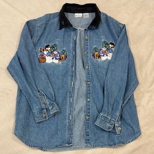 Bobbie Brooks 100% Cotton Embroidered Snowman Denim Shirt